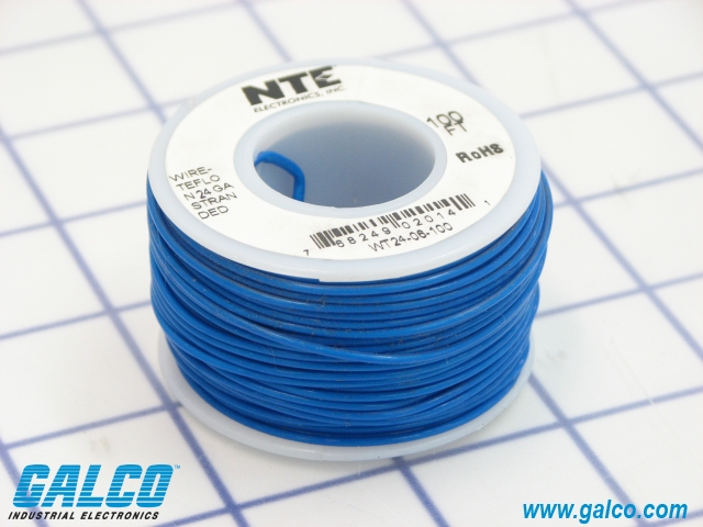 NTE Electronics WT24-06-100 Series WT Teflon Hook Up Wire 7 Stranded 100 Length 600V Blue 100' Length Inc. Type 24 Gauge 