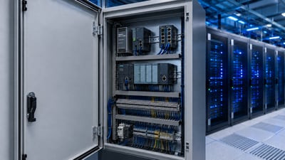 Open industrial control cabinet with organized wiring, power supply, terminal blocks, and labeled components supports data center panel standardization.
