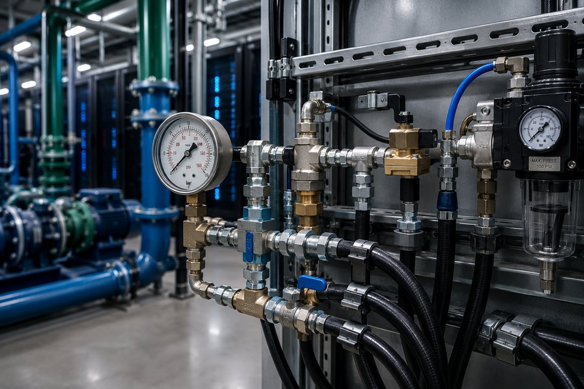 Industrial hose, fittings, valves, and pressure gauges support fluid and pneumatic systems for data center facility infrastructure.