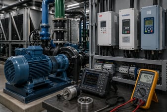 Industrial motor, drive, sensor, and test equipment components support data center cooling and facility systems.