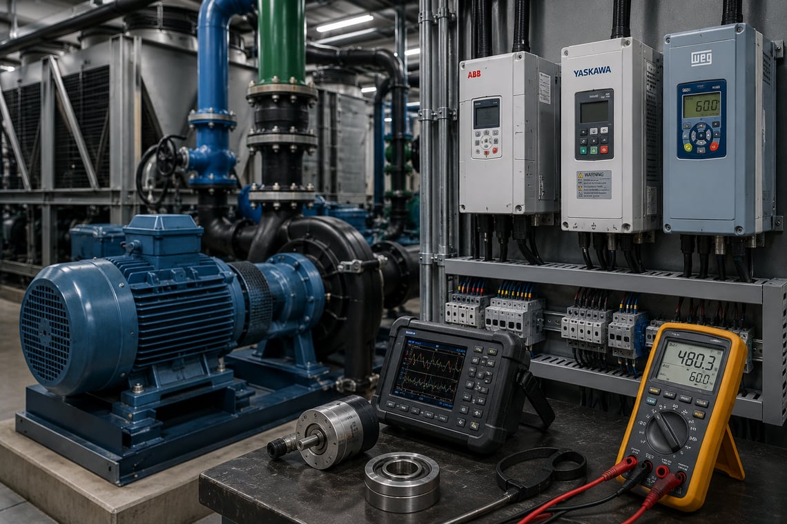 Industrial motor, drive, sensor, and test equipment components support data center cooling and facility systems.