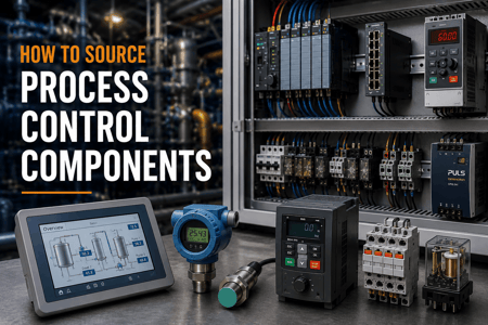 Industrial process control components, including an Human Machine Interfaces (HMIs), pressure transmitter, sensor, variable frequency drives (VFDs), relays, and programmable logic controllers (PLCs) modules, arranged beside an open control panel.