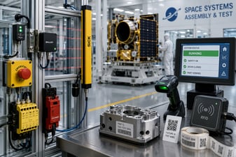Cleanroom production area with sensors, safety devices, barcode scanner, control station, and satellite assembly supports space economy operations.
