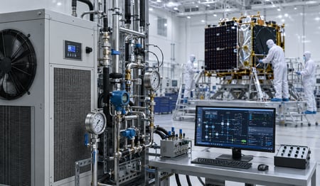 Cleanroom facility with cooling equipment, process sensors, gauges, control panel, and monitoring screen supporting space economy operations.
