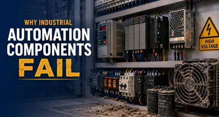 Dusty industrial automation control panel with high-voltage warning and text, “Why Industrial Automation Components Fail.”